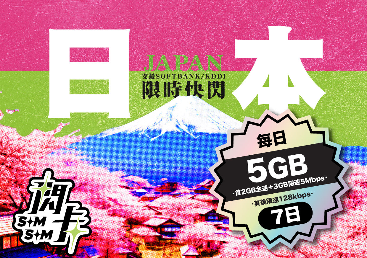 【快閃卡】日本🇯🇵7日5G上網卡 | Softbank/KDDI 雙網 | 每日5GB(2GB全速 + 3GB 5Mbps)+無限數據 128Kbps| 即插即用