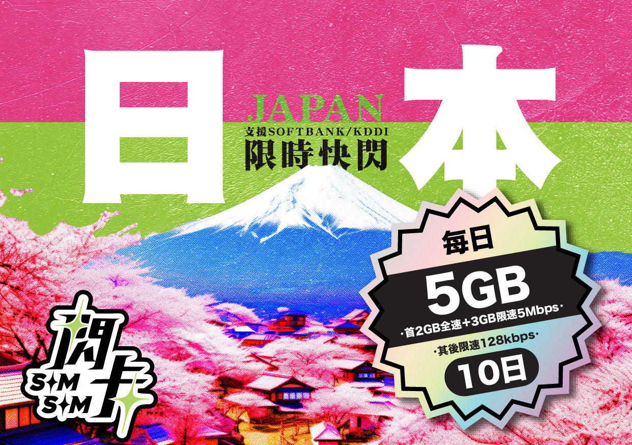 【快閃卡】日本🇯🇵10日5G上網卡 | Softbank/KDDI 雙網 | 每日5GB(2GB全速 + 3GB 5Mbps)+無限數據  128Kbps| 即插即用