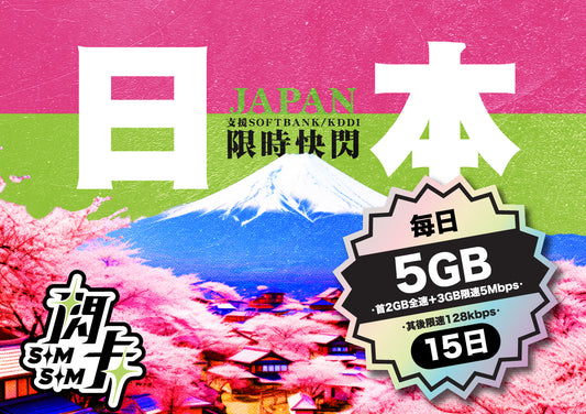 【快閃卡】日本上網卡｜15日 每日5GB(2+3)高速用量+不斷網｜支援5G·SoftBank/KDDI雙網｜SIMSQ