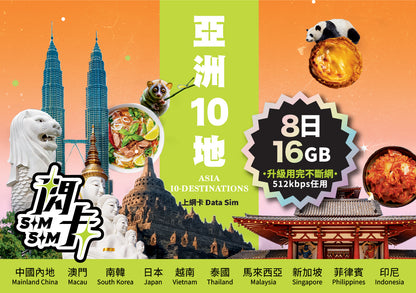 【閃卡】亞洲10地上網卡｜8/180日 10/16/20/40GB (指定款不斷網)｜支援5G｜日韓泰星馬等｜SIMSQ